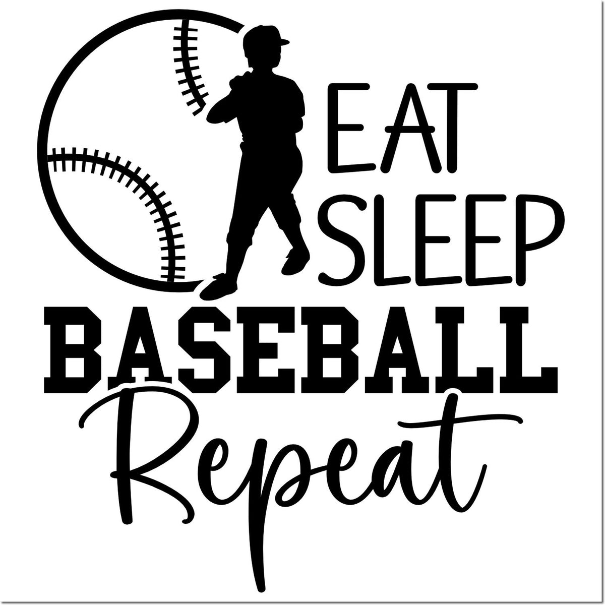 Black baseball stamp and seal design with player silhouette and Eat Sleep Baseball Repeat in bold black on white.