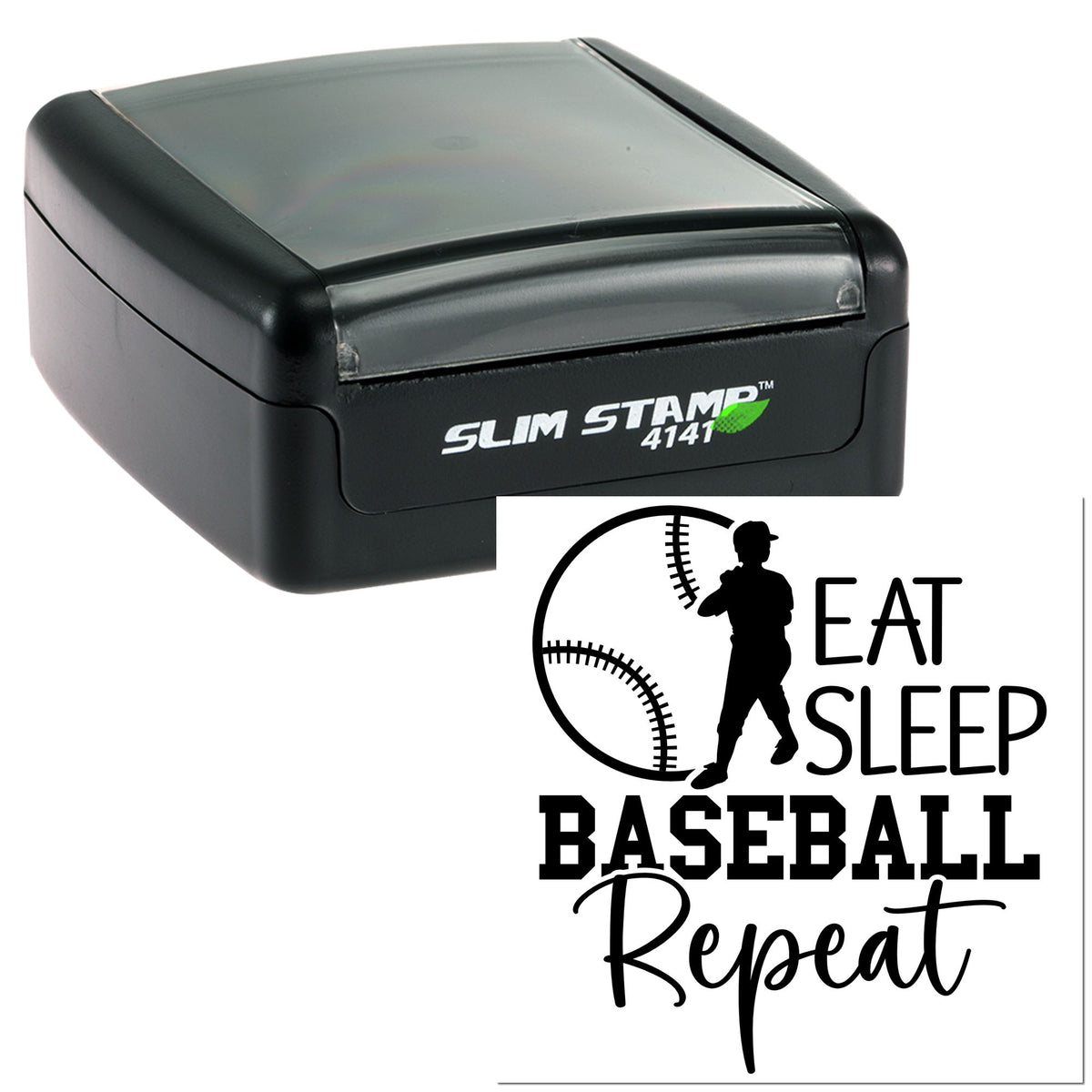 Black self-inking stamp with gray top and baseball seal reading Eat Sleep Baseball Repeat in black script and bold text.