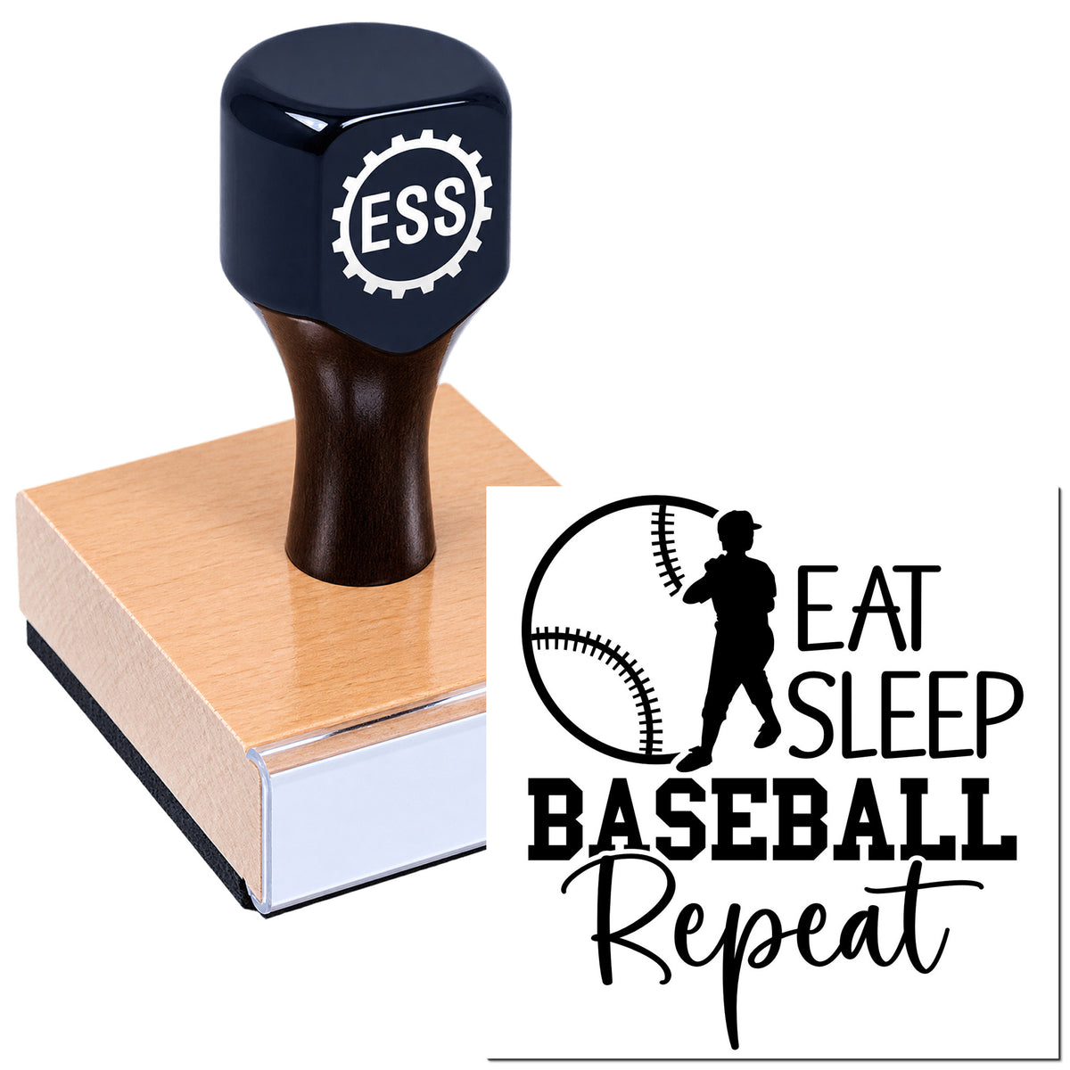 Black ESS stamp on wooden block with baseball seal logo and Eat Sleep Baseball Repeat text.