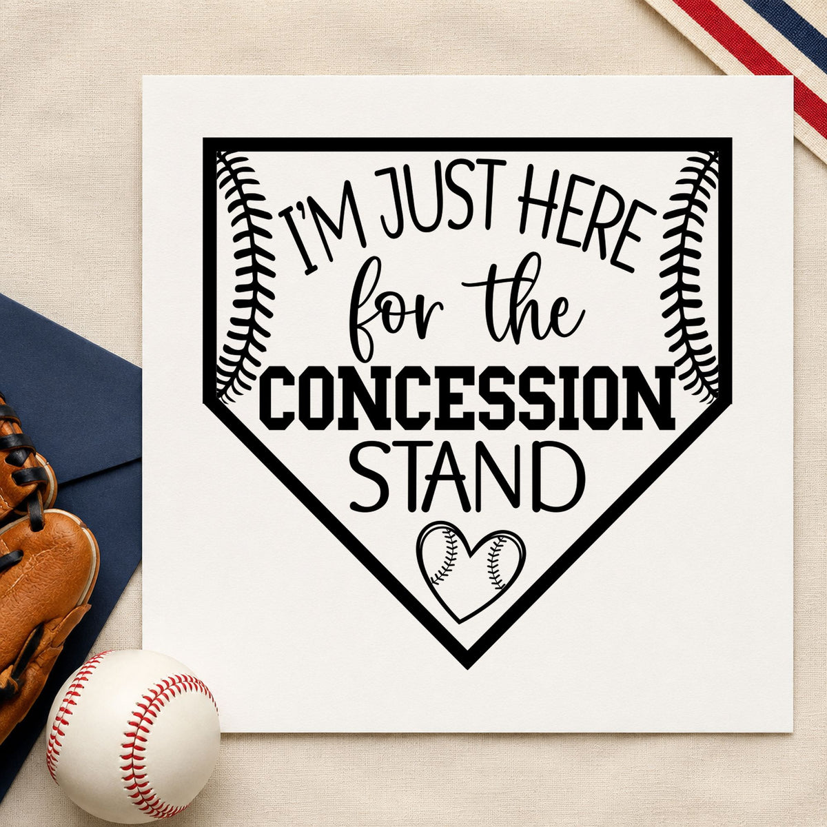 Concession Stand Fan craft stamp imprint in black ink on a handmade project, one idea being snack bag labels.