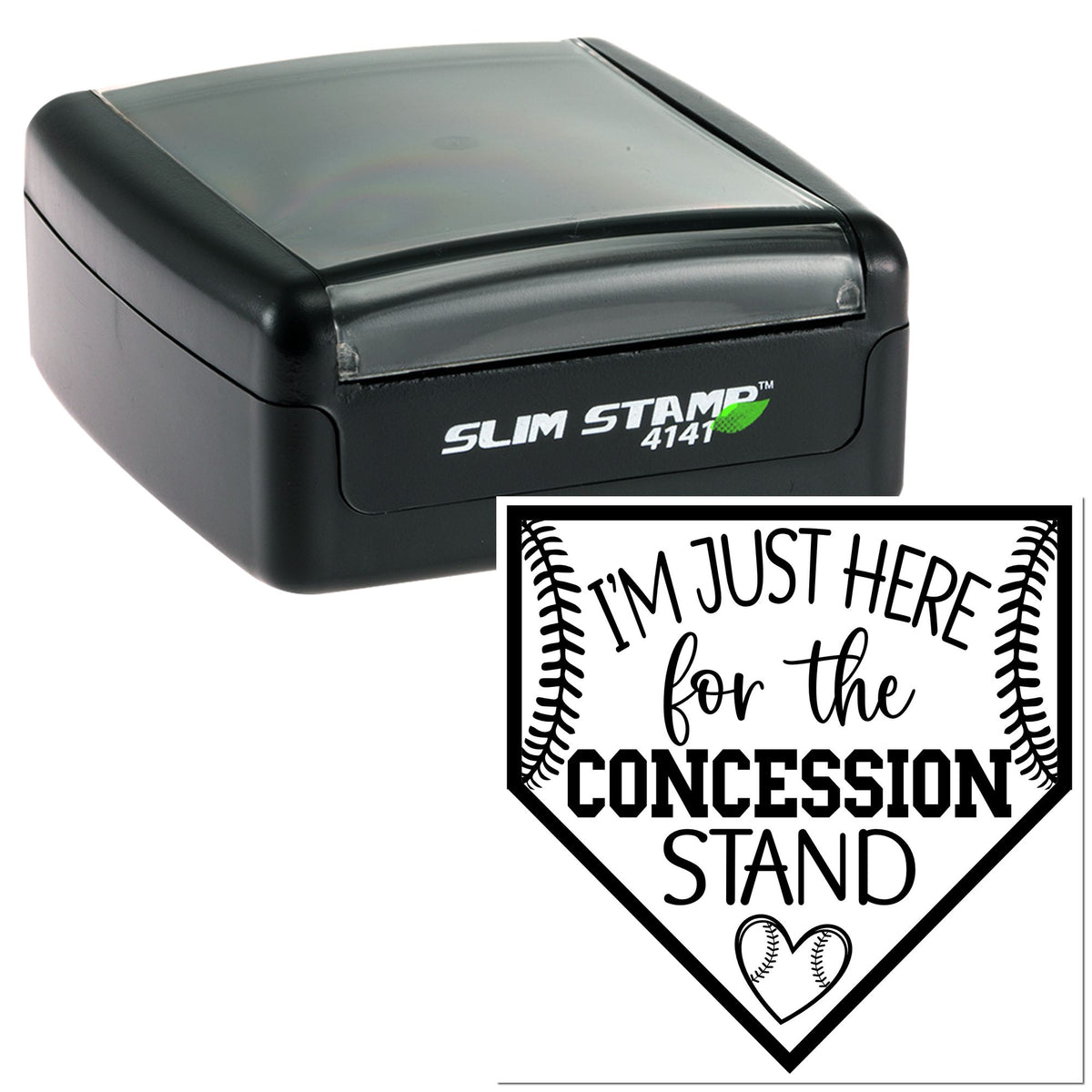 Black Slim Stamp 4141 self-inking stamp and seal with white baseball-themed concession stand imprint and heart.
