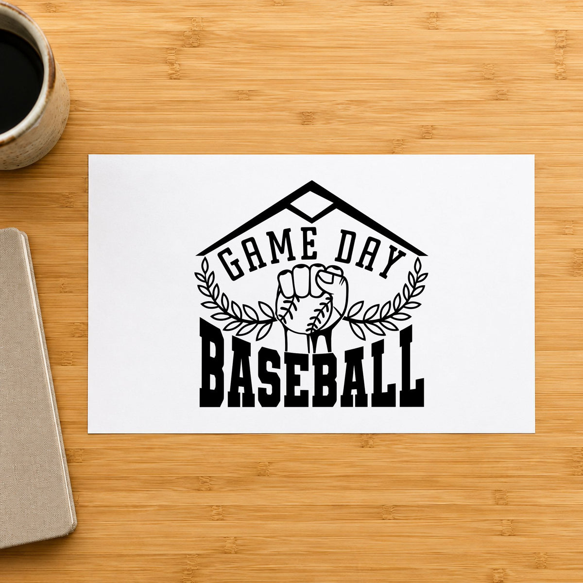 Game Day Baseball Fist rubber stamp printed in black ink, ready for water bottle labels and similar paper crafts.