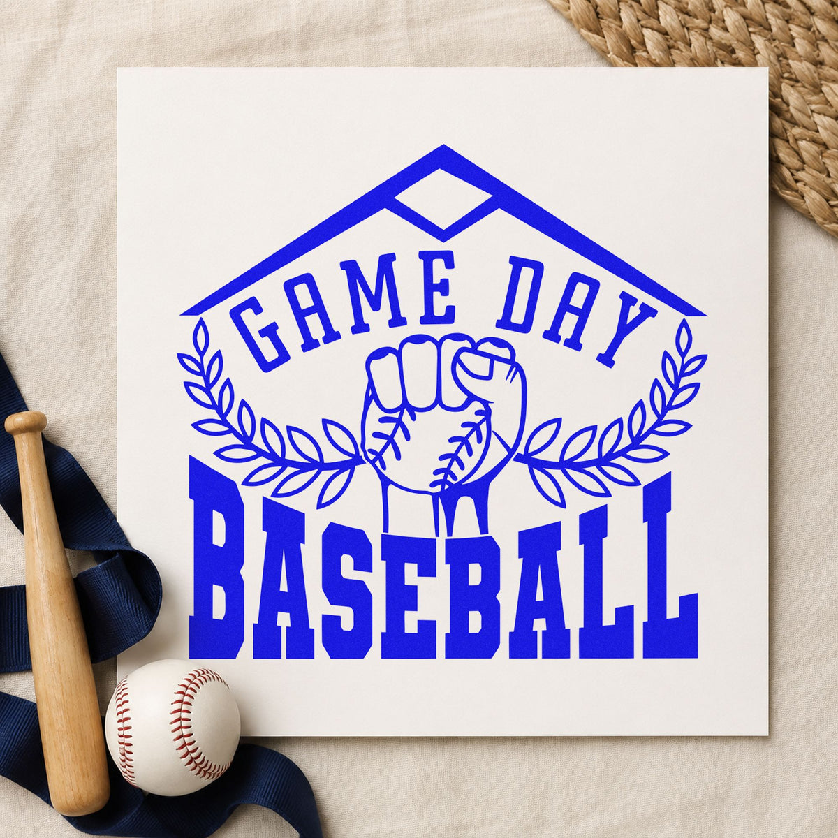 Game Day Baseball Fist craft stamp in blue ink on cardstock, an easy option for coach thank-you cards.