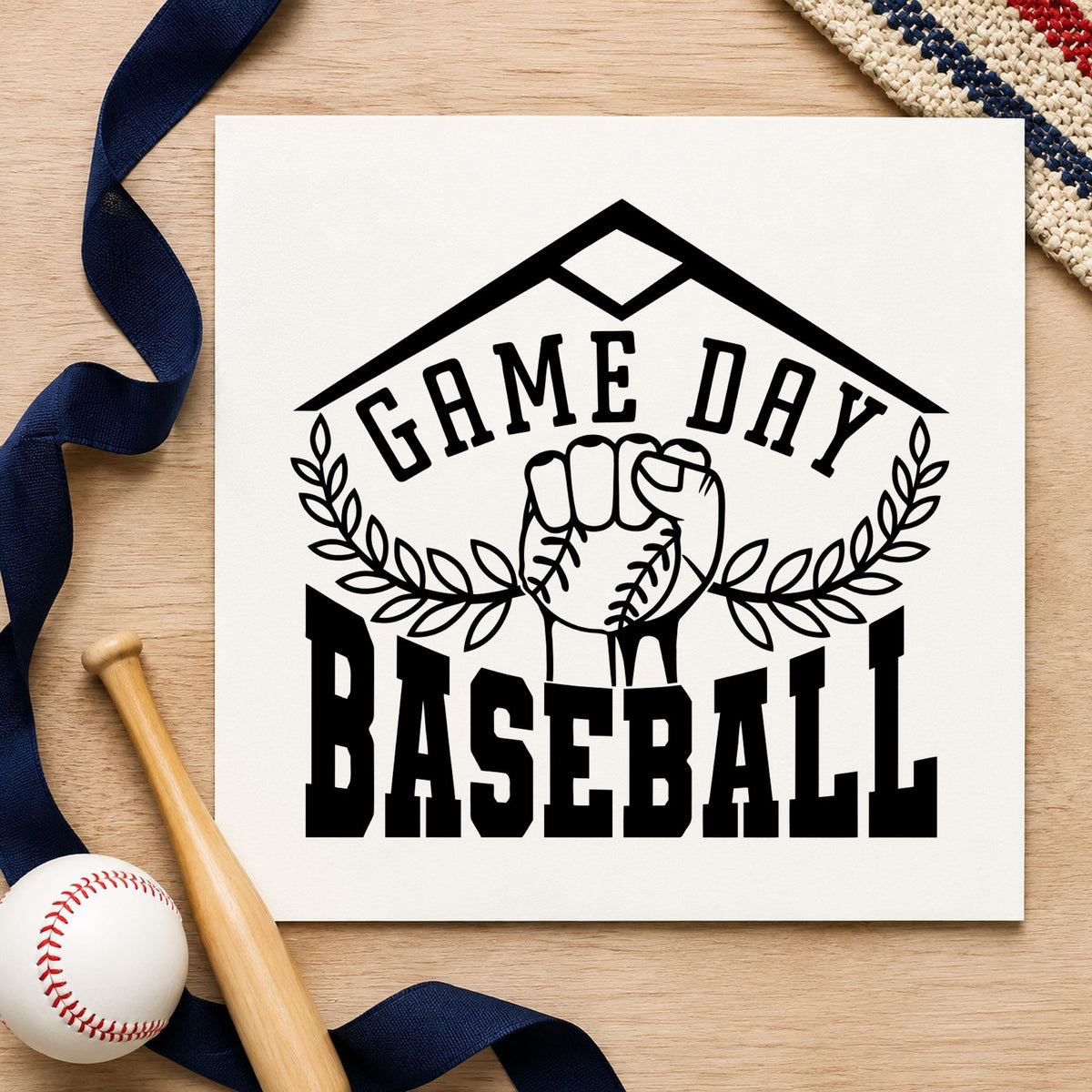 Game Day Baseball Fist rubber stamp printed in black ink, ready for game day invitations and similar paper crafts.