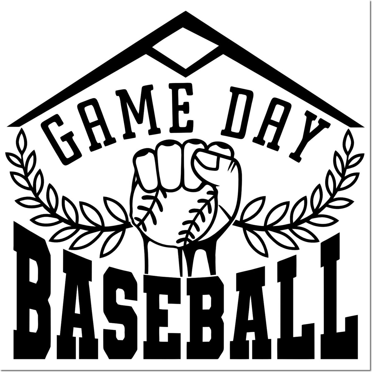 Black Game Day Baseball stamp seal with fist, laurel wreath, and home plate outline in black on a white background.