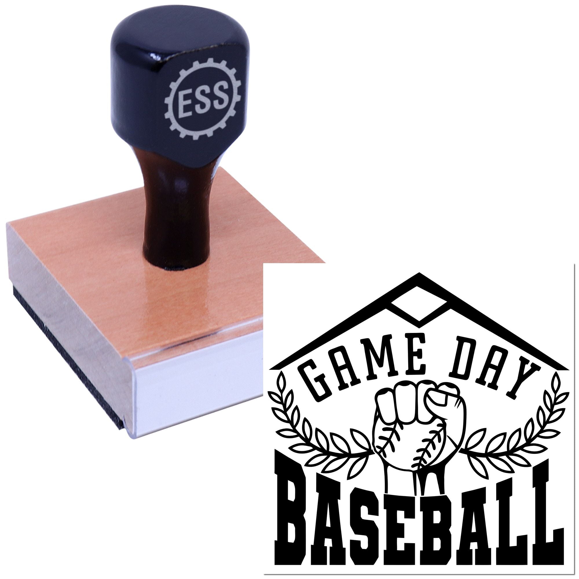 Dark navy ESS rubber stamp on wood block beside black Game Day Baseball seal with fist and laurel wreath