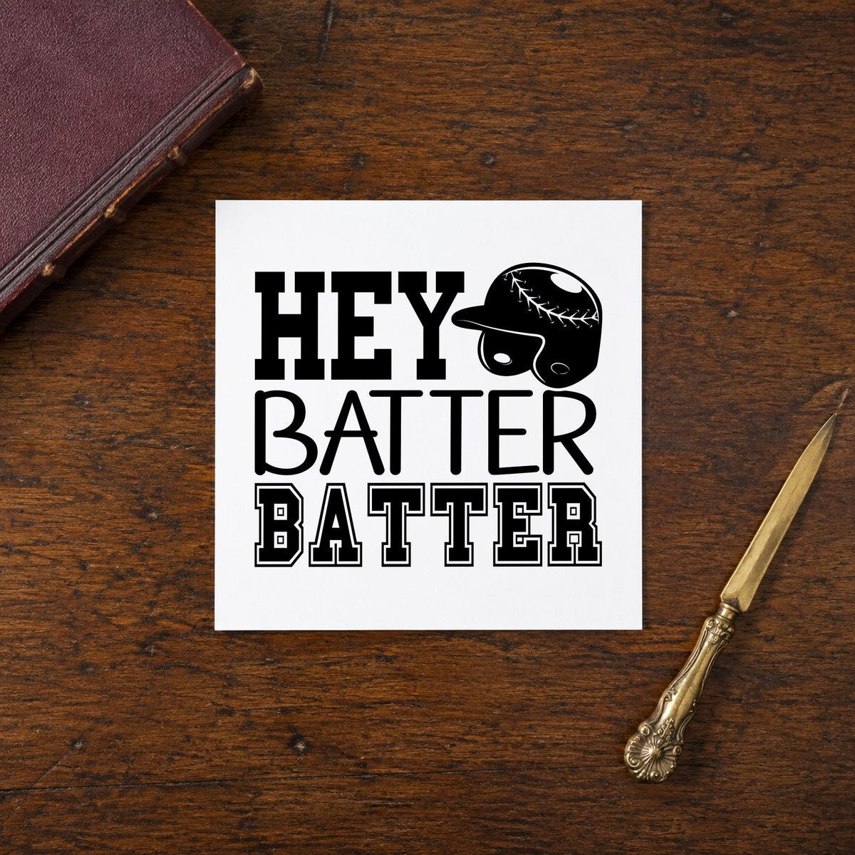 Hey Batter Batter craft stamp in black ink on cardstock, an easy option for birthday party invites.