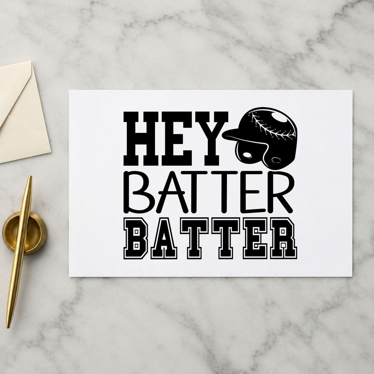 Hey Batter Batter rubber stamp printed in black ink, ready for cupcake toppers and similar paper crafts.