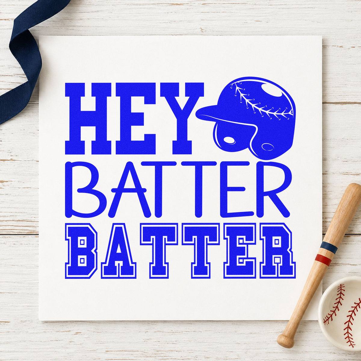 Hey Batter Batter craft stamp in blue ink on cardstock, an easy option for batting practice journals.