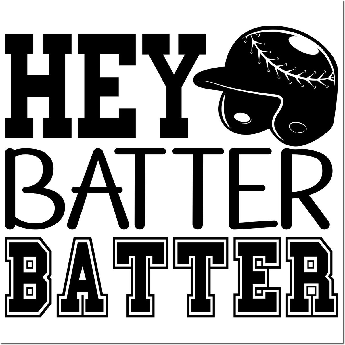 Black baseball stamp and seal design with bold HEY BATTER text and a black batting helmet icon.