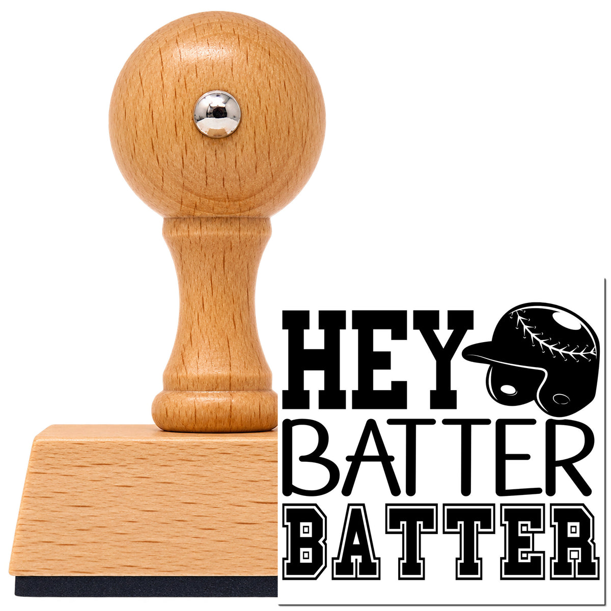 Vintage Pro beech wood stamp with a round knob handle, shown with its black Hey Batter Batter imprint on white.