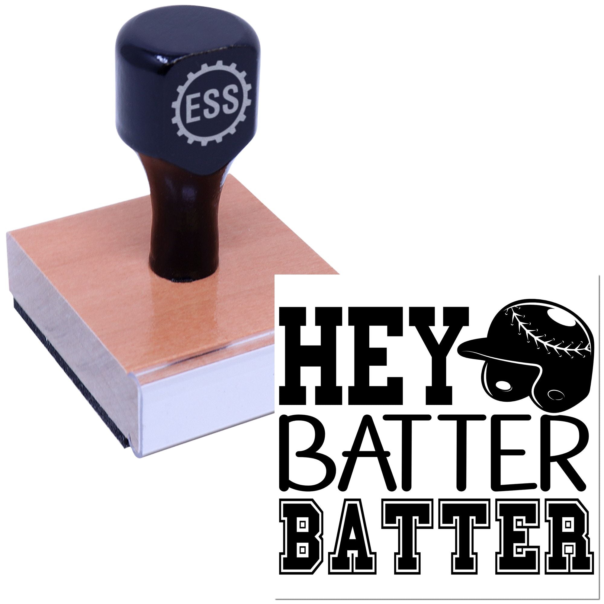 Navy custom rubber stamp on tan seal block with bold black HEY BATTER BATTER baseball design and helmet icon.