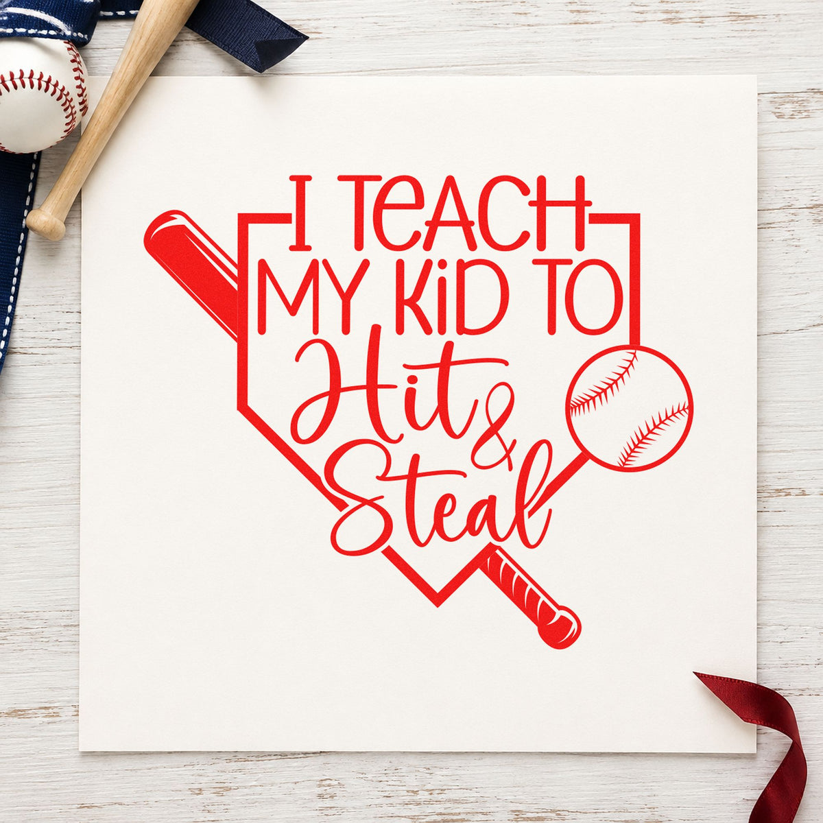 Hit and Steal Home Plate rubber stamp shown in red ink, stamped for projects such as camp registration sheets.