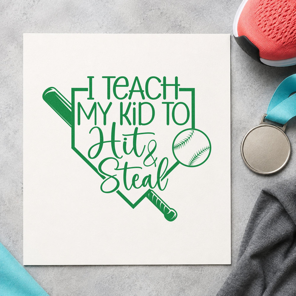 Hit and Steal Home Plate craft stamp imprint in green ink on a handmade project, one idea being garage door signs.
