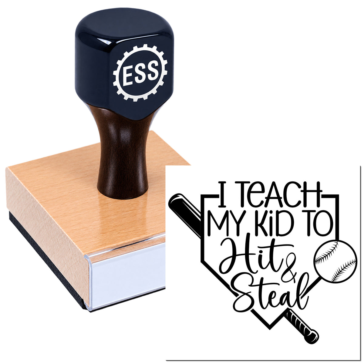 Navy ESS stamp and seal on a pink wood block beside black baseball-themed "Teach My Kid to Hit & Steal" design.