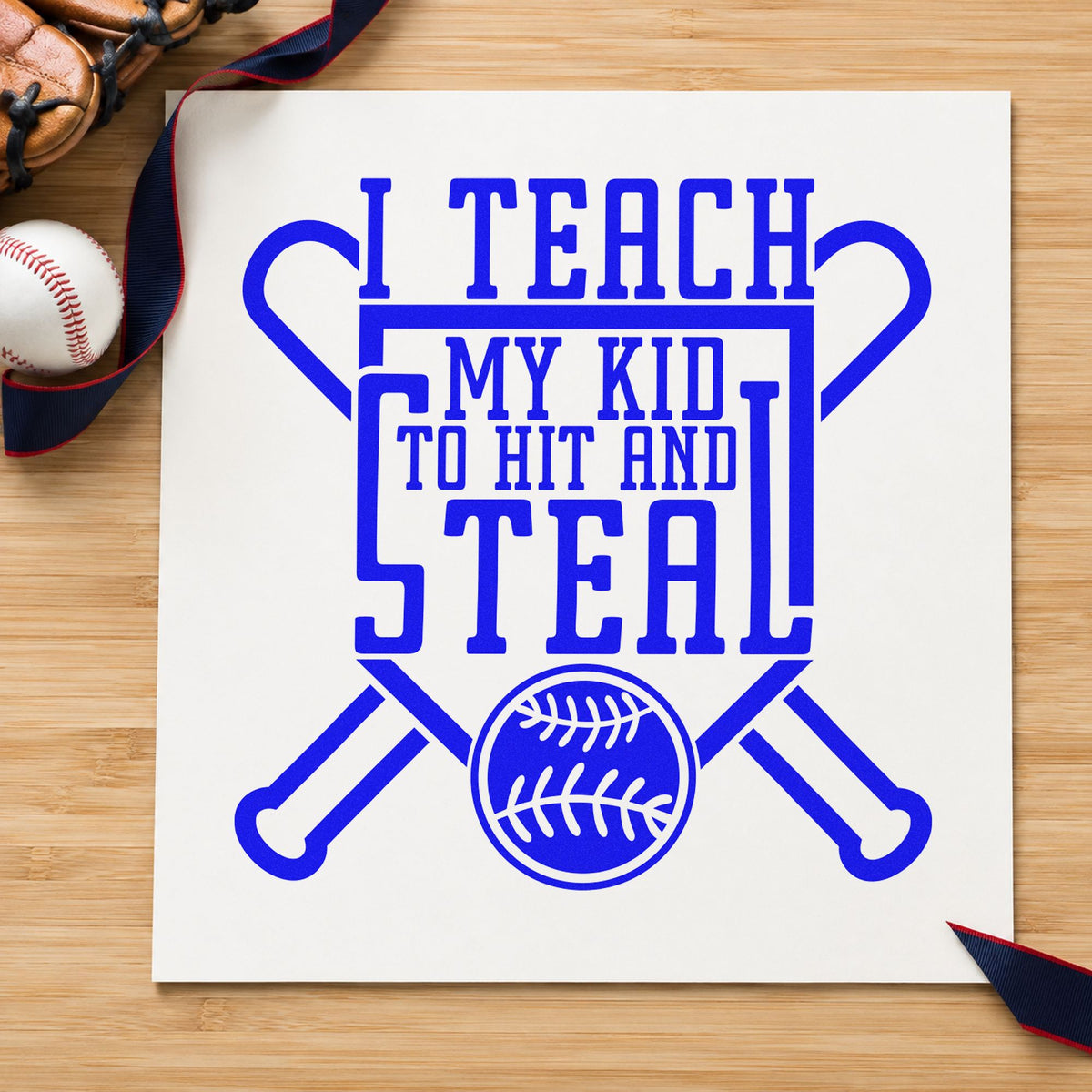 Hit and Steal Shield craft stamp in blue ink on cardstock, an easy option for coaching clinic handouts.