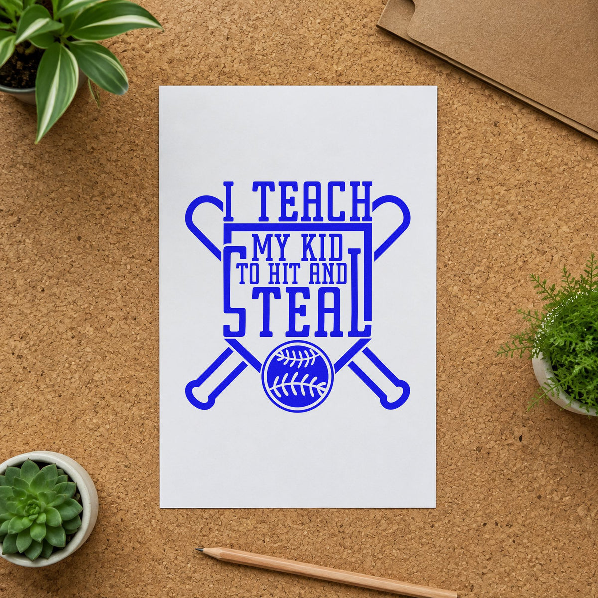 Hit and Steal Shield craft stamp imprinted in blue ink on paper, a design suited to parent shirt transfers.