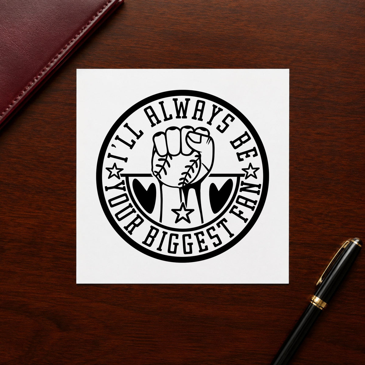 Biggest Fan Baseball Badge craft stamp in black ink on cardstock, an easy option for lunchbox notes.