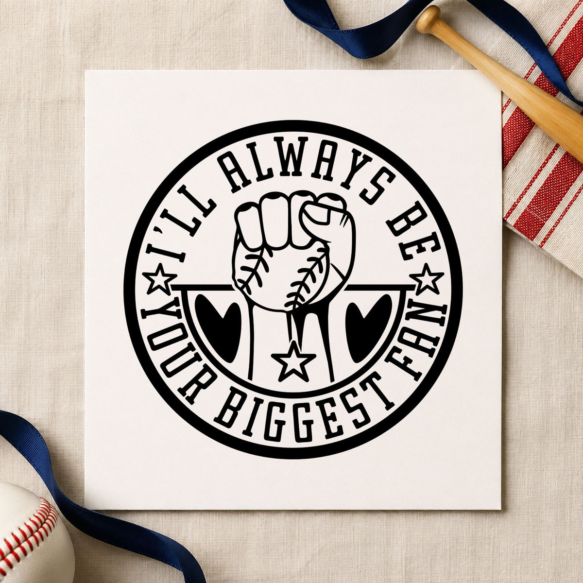 Biggest Fan Baseball Badge craft stamp imprint in black ink on a handmade project, one idea being team mom gifts.
