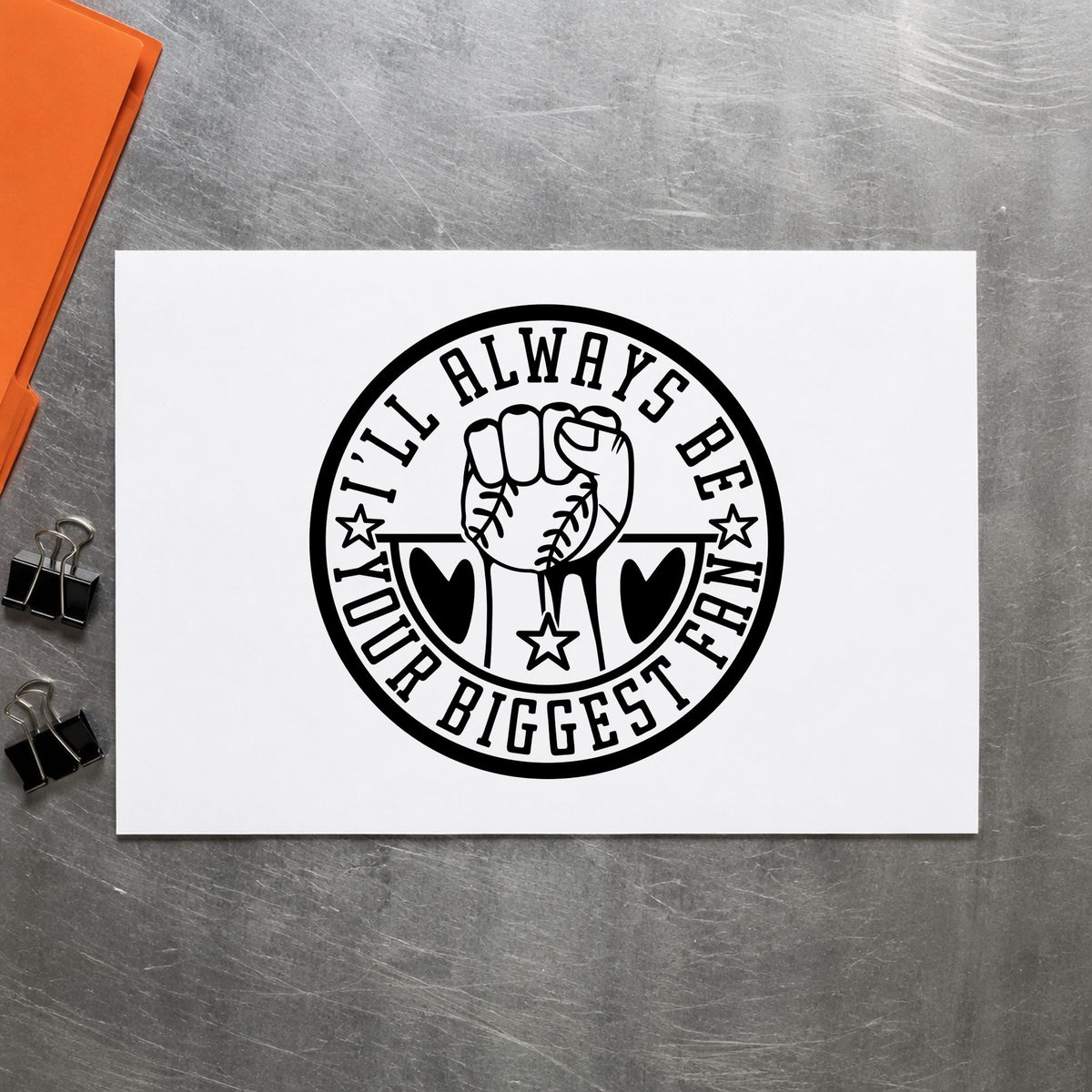 Biggest Fan Baseball Badge rubber stamp printed in black ink, ready for scrapbook parent pages and similar paper crafts.