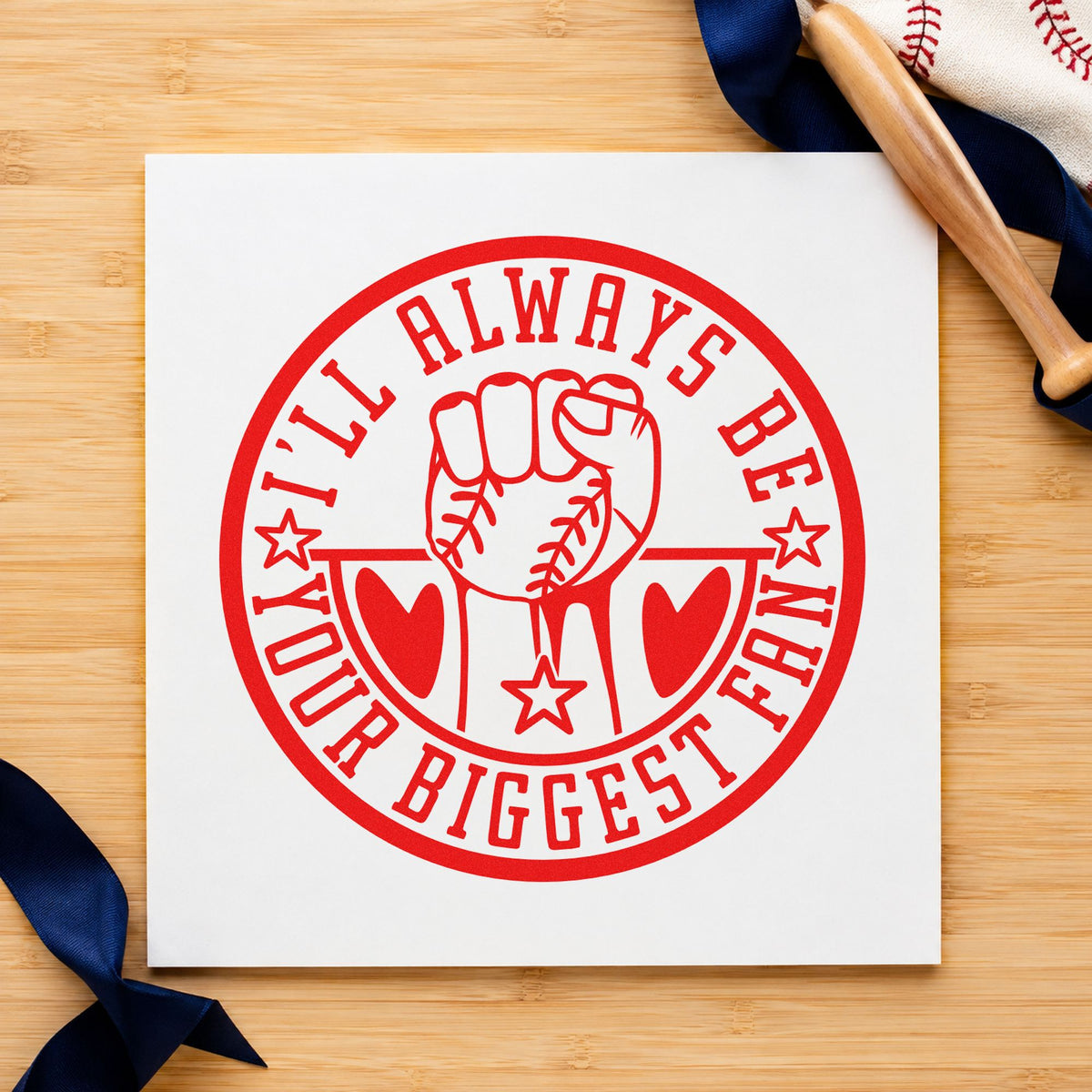 Biggest Fan Baseball Badge rubber stamp shown in red ink, stamped for projects such as graduation cards.