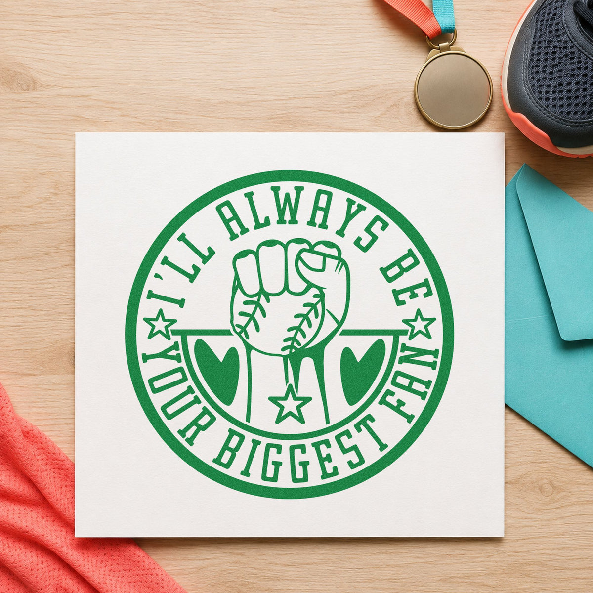 Biggest Fan Baseball Badge craft stamp imprint in green ink on a handmade project, one idea being bedroom wall art.