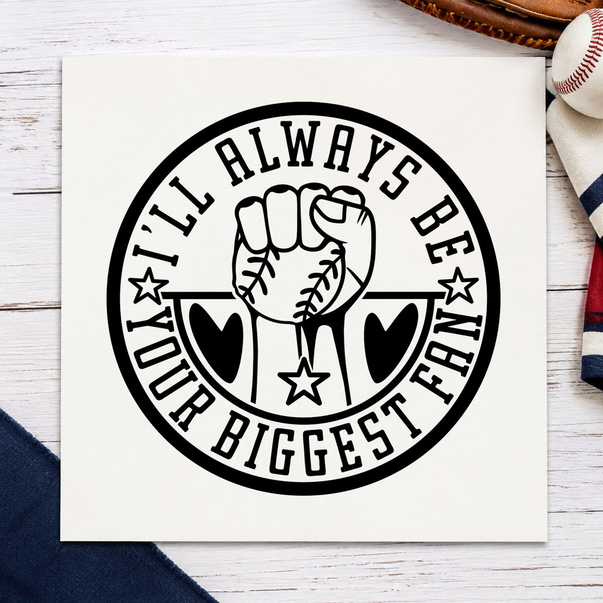 Biggest Fan Baseball Badge rubber stamp printed in black ink, ready for encouragement cards and similar paper crafts.