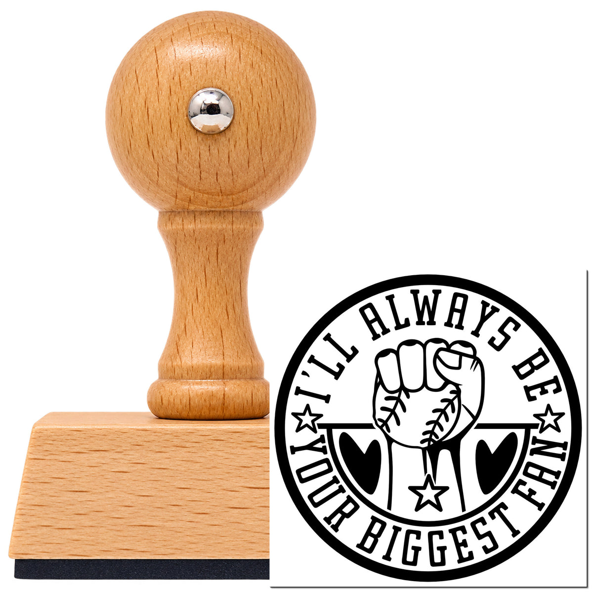 Vintage Pro beech wood stamp with a round knob handle, shown with its black Biggest Fan Baseball Emblem imprint on white.