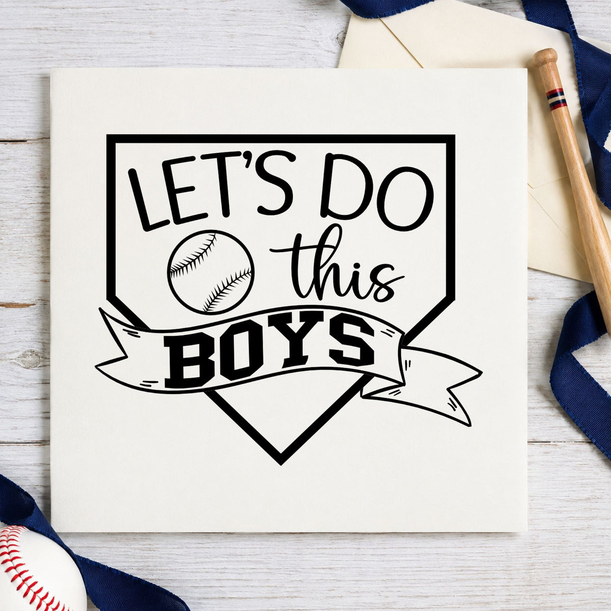 Let's Do This Boys Pennant craft stamp imprint in black ink on a handmade project, one idea being team water labels.