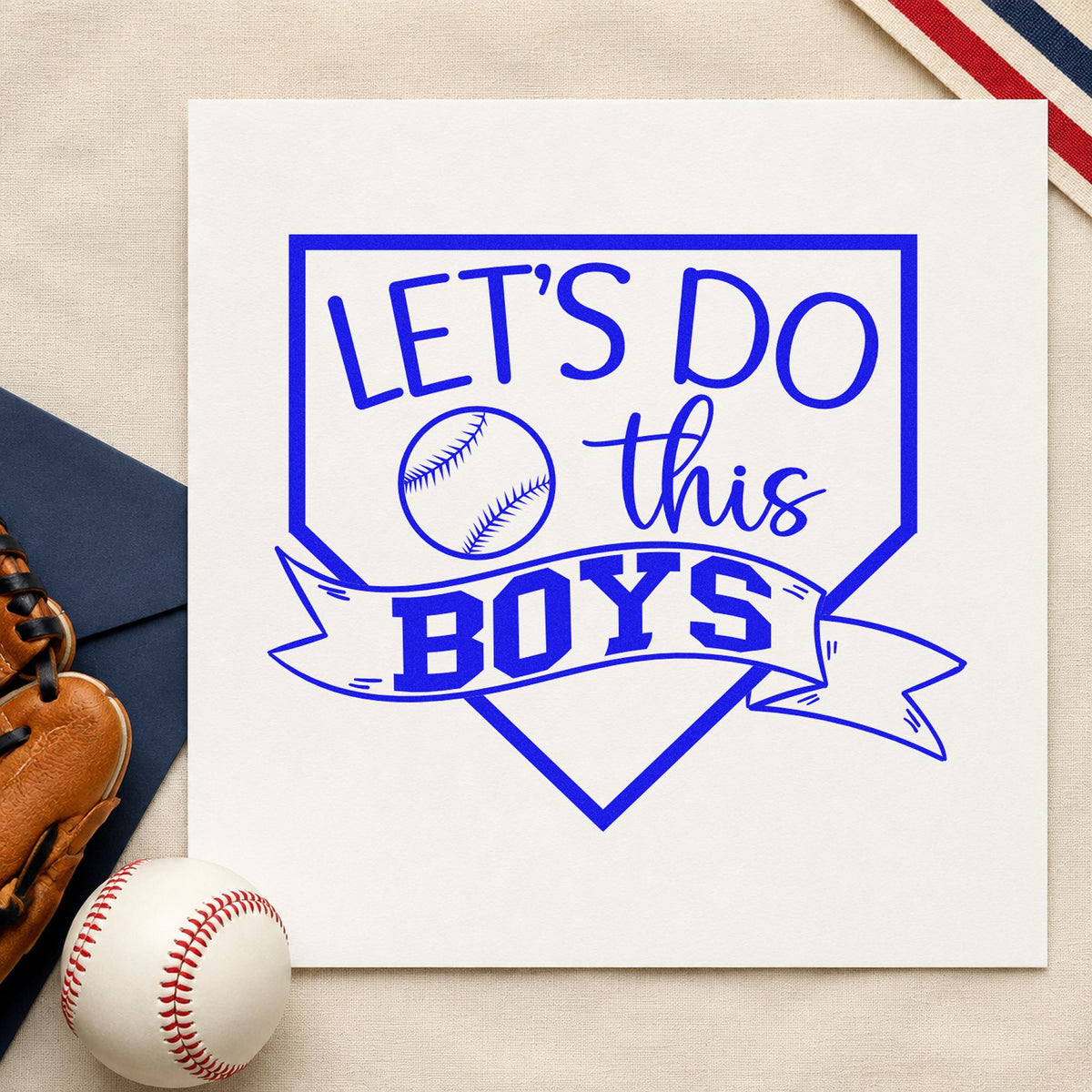 Let's Do This Boys Pennant craft stamp in blue ink on cardstock, an easy option for locker room posters.