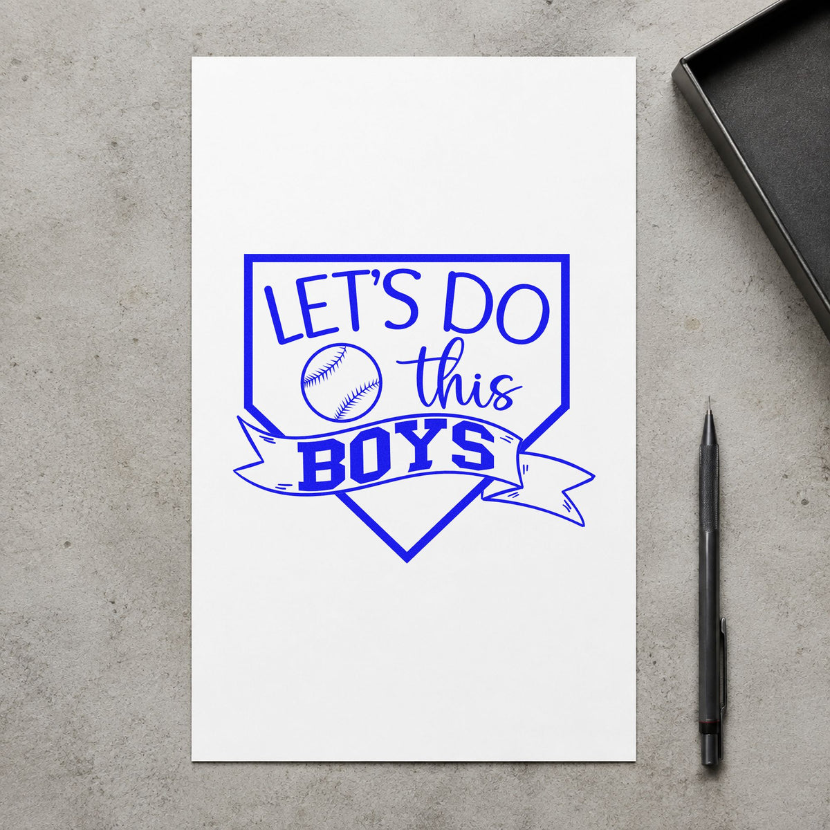Let's Do This Boys Pennant craft stamp imprinted in blue ink on paper, a design suited to tournament tees.