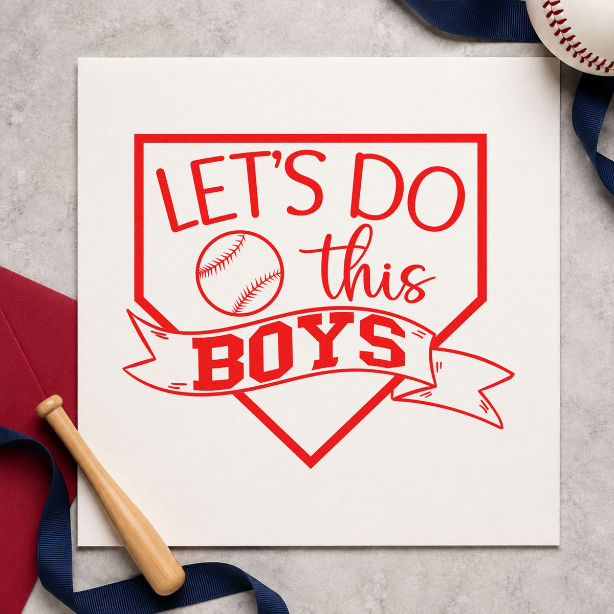 Let's Do This Boys Pennant rubber stamp shown in red ink, stamped for projects such as hotel door hangers.