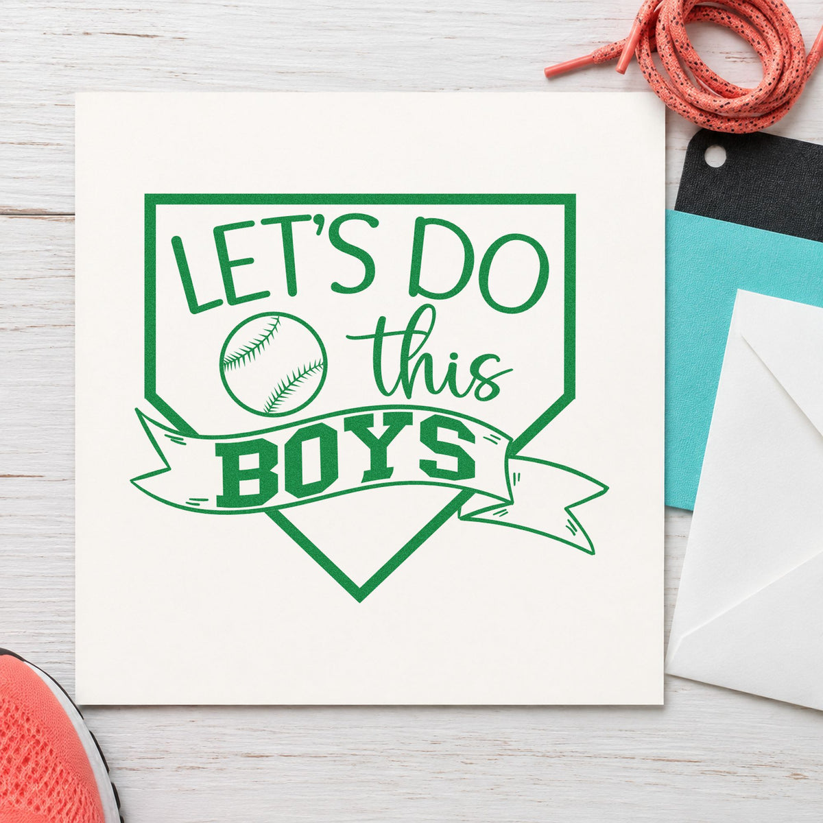 Let's Do This Boys Pennant craft stamp imprint in green ink on a handmade project, one idea being banquet place cards.