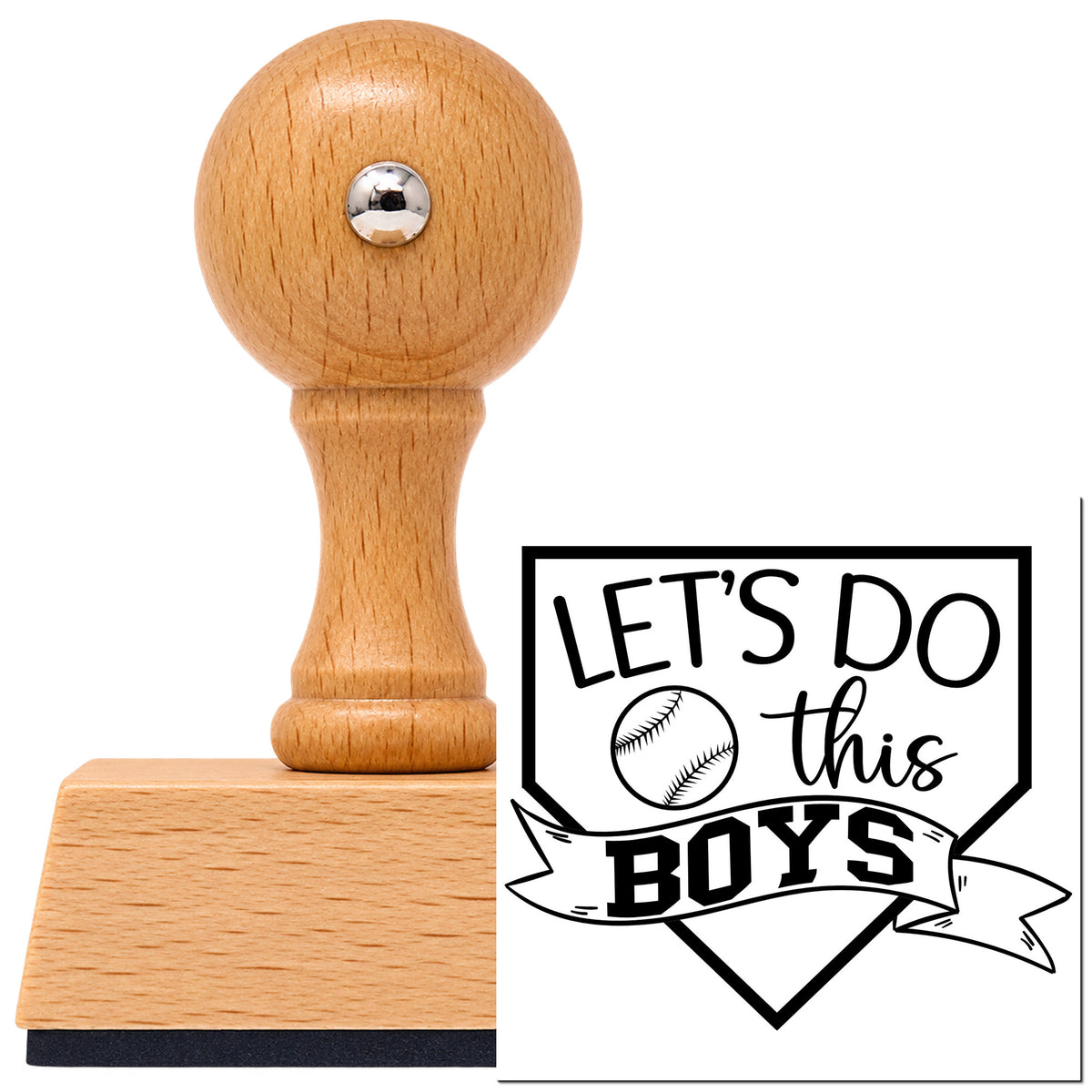 Vintage Pro beech wood stamp with a round knob handle, shown with its black Let's Do This Boys Pennant imprint on white.
