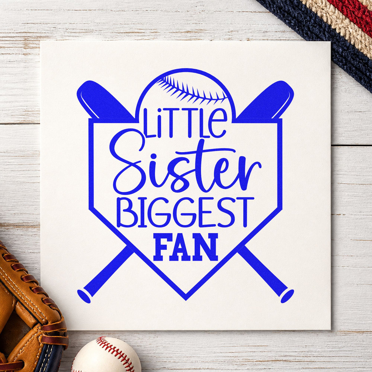Little Sister Biggest Fan craft stamp in blue ink on cardstock, an easy option for coloring page crafts.