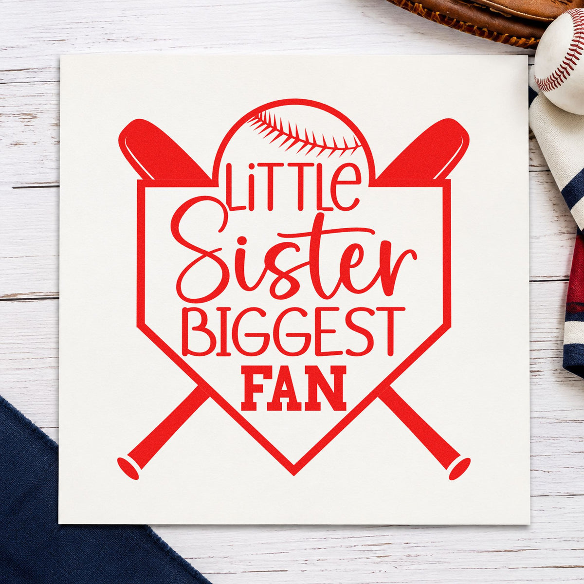 Little Sister Biggest Fan rubber stamp shown in red ink, stamped for projects such as bedroom door signs.