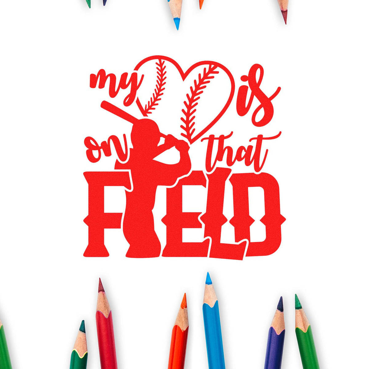 Red baseball-themed stamp seal reading my heart is on that FIELD with batter silhouette and heart-shaped baseball seams.