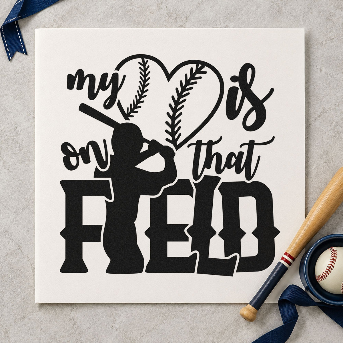 My Heart Is on That Field craft stamp imprint in black ink on a handmade project, one idea being grandparent keepsakes.