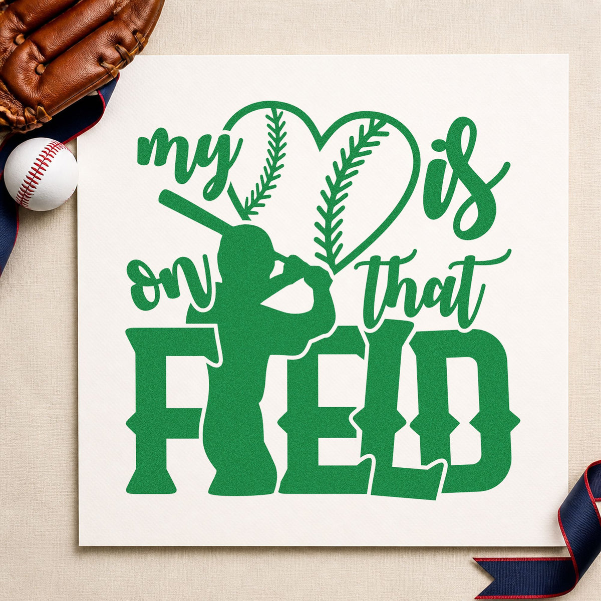 My Heart Is on That Field craft stamp imprint in green ink on a handmade project, one idea being valentine's cards.