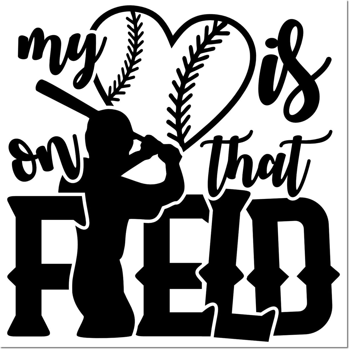 Black softball stamp and seal design with heart-shaped baseball, player silhouette, and script text my heart is on that field on white background.