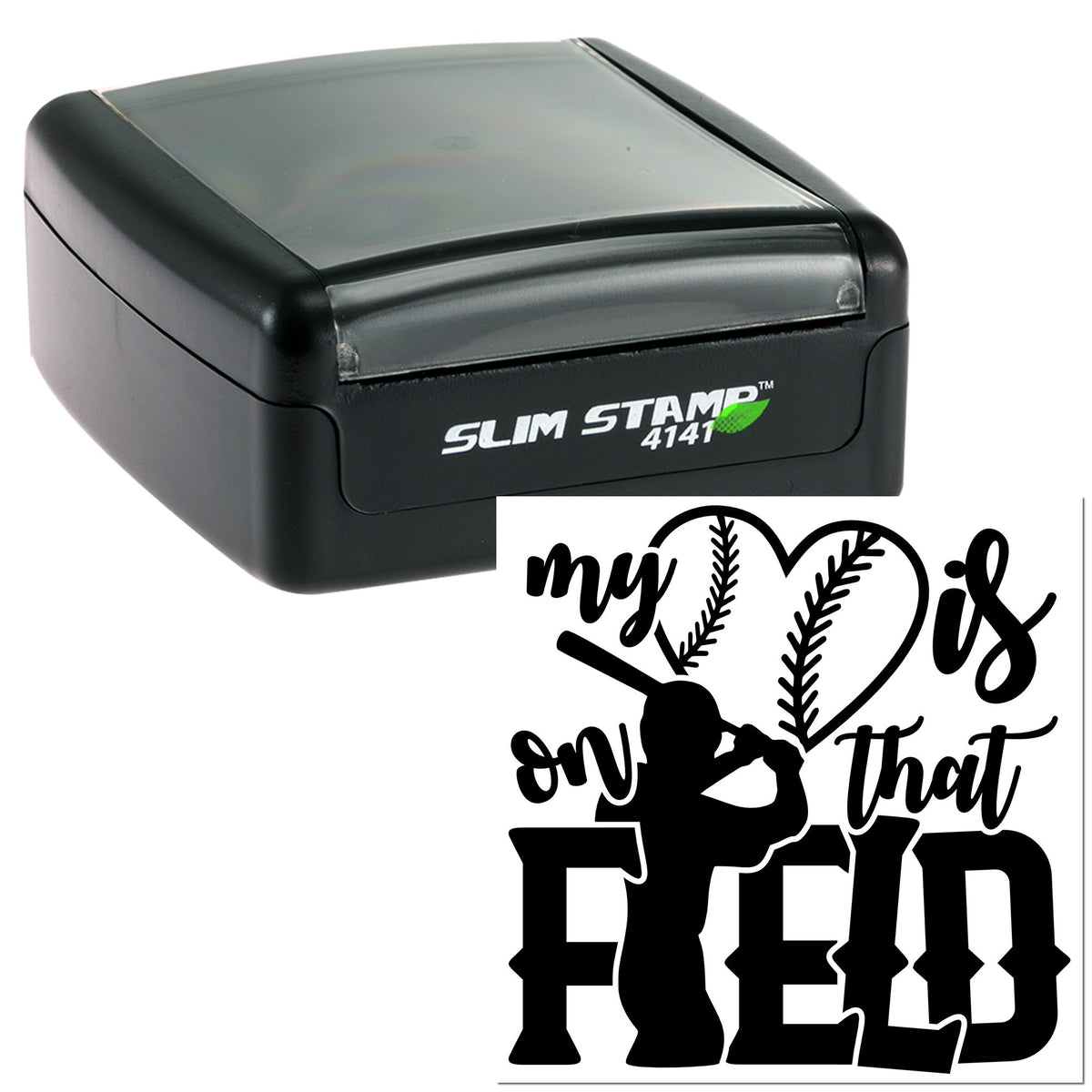 Black self-inking Slim Stamp 4141 with gray top, paired with a baseball-themed seal reading my heart is on that field.