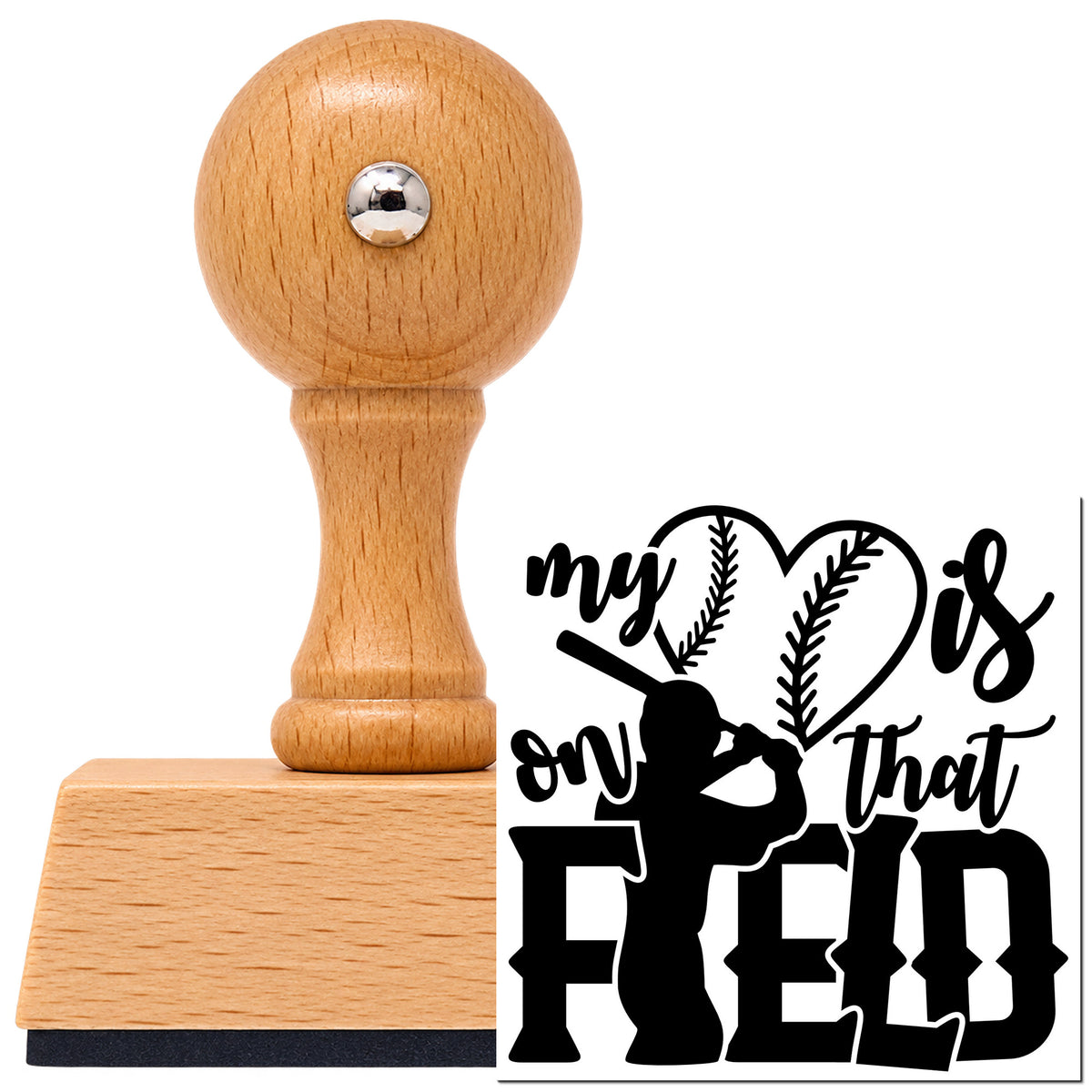 Vintage Pro beech wood stamp with a round knob handle, shown with its black My Heart Is On That Field Baseball Artwork imprint on white.