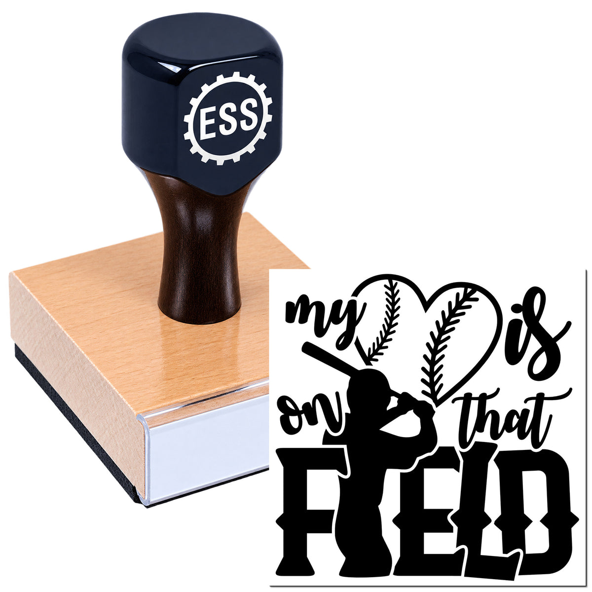 Navy blue ESS self-inking stamp and seal on a wood block, with black baseball-themed design reading "my heart is on that field."