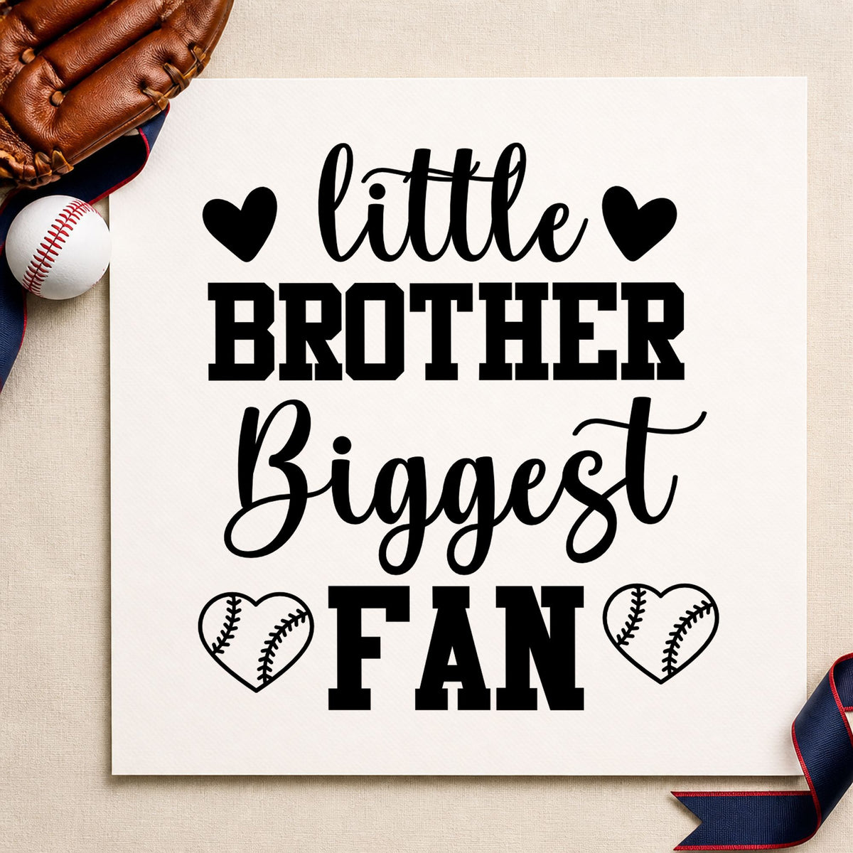 Little Brother Heart Fan craft stamp imprint in black ink on a handmade project, one idea being scrapbook sibling pages.