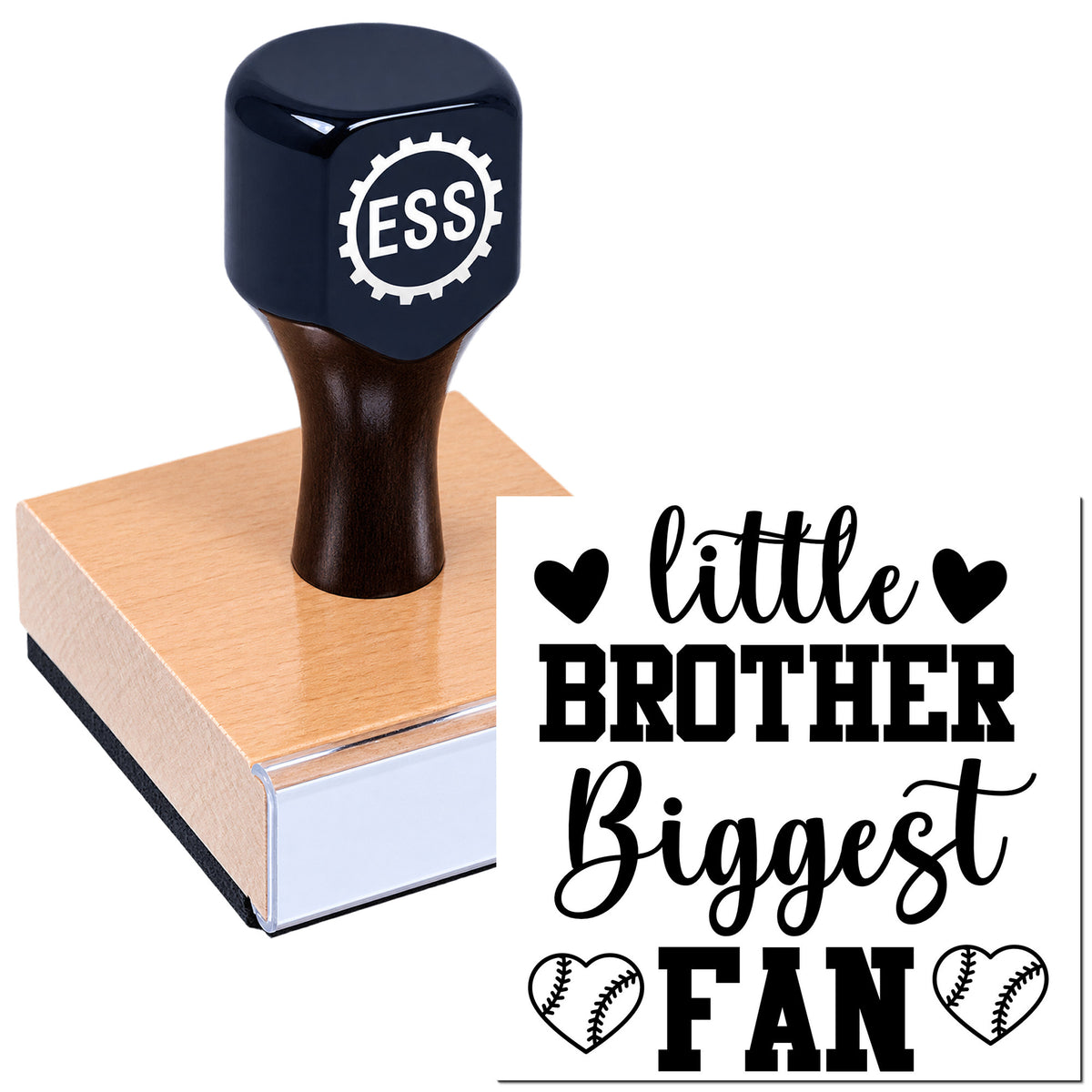 Dark blue ESS stamp on copper seal block beside "little brother biggest fan" design with hearts and baseball seams.