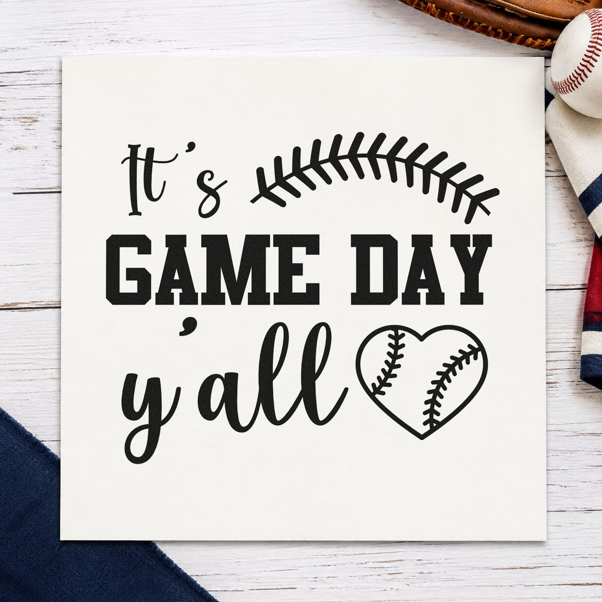 Game Day Y'all craft stamp imprint in black ink on a handmade project, one idea being tailgate food tents.