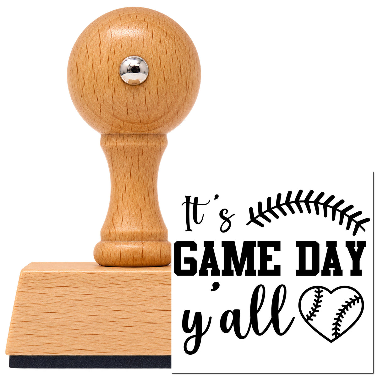 Vintage Pro beech wood stamp with a round knob handle, shown with its black Game Day Y'all imprint on white.