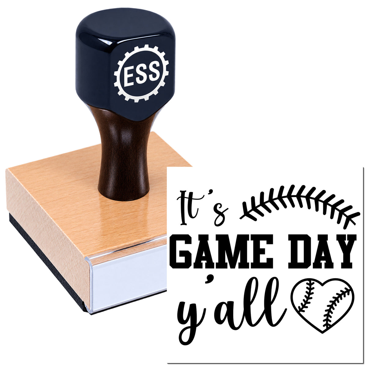 Navy rubber stamp with ESS logo on wooden base, featuring black "It's Game Day y'all" baseball-themed seal design.