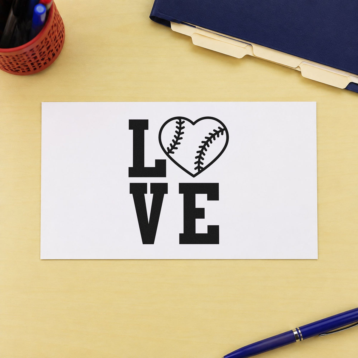 Baseball Heart Love rubber stamp printed in black ink, ready for wedding favor tags and similar paper crafts.