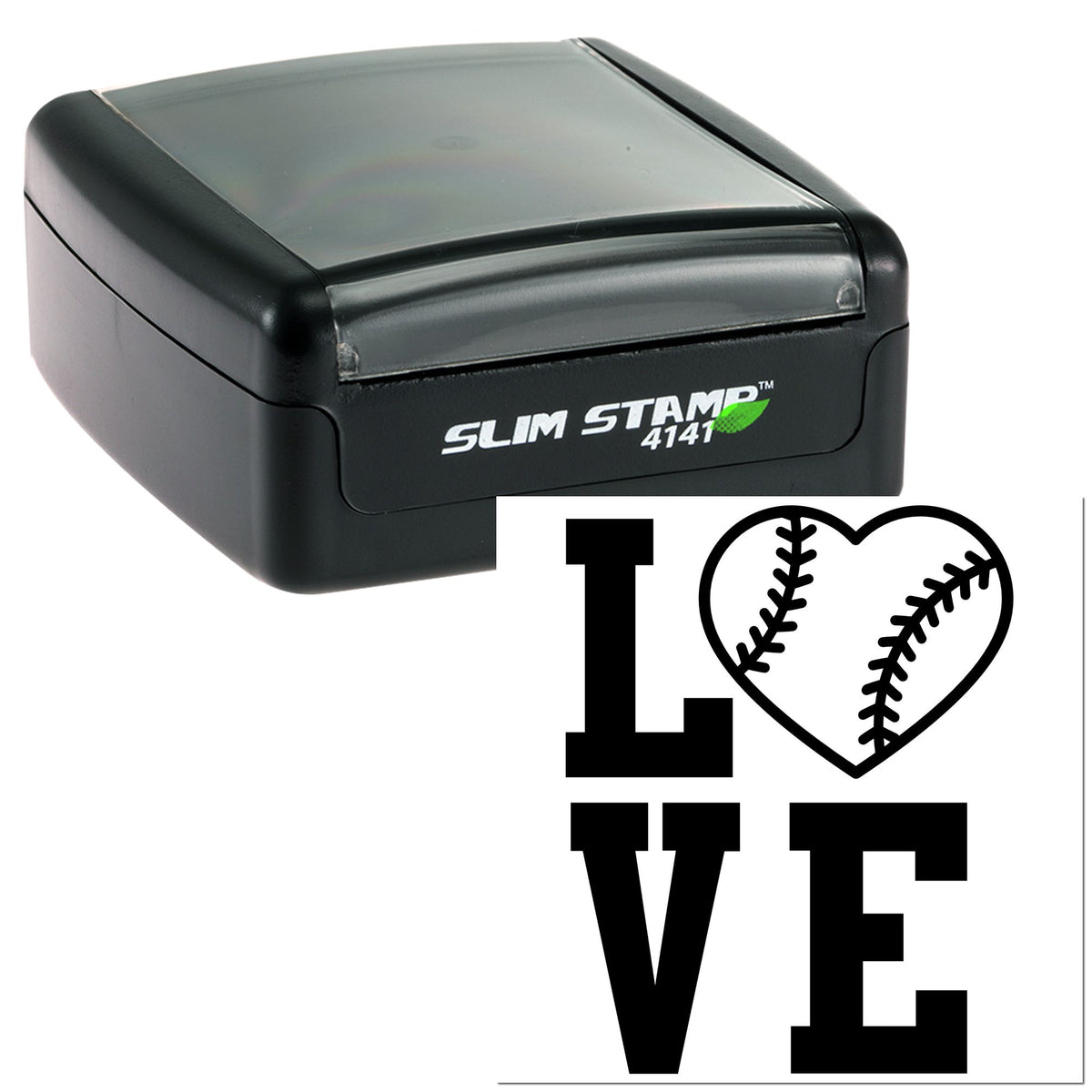 Black Slim Stamp 4141 self-inking stamp and seal with bold I ? VE design and baseball heart icon on white background.